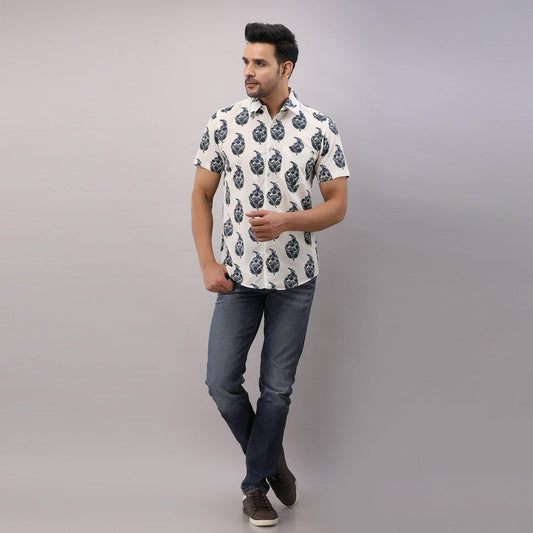 Cotton Block Print Casual Blue Regular Shirt For Men - Frionkandy