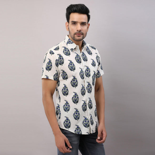 Cotton Block Print Casual Blue Regular Shirt For Men - Frionkandy