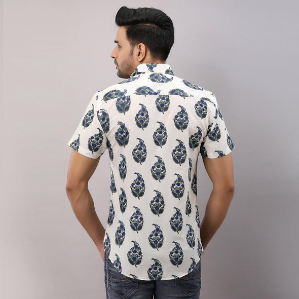 Cotton Block Print Casual Blue Regular Shirt For Men - Frionkandy