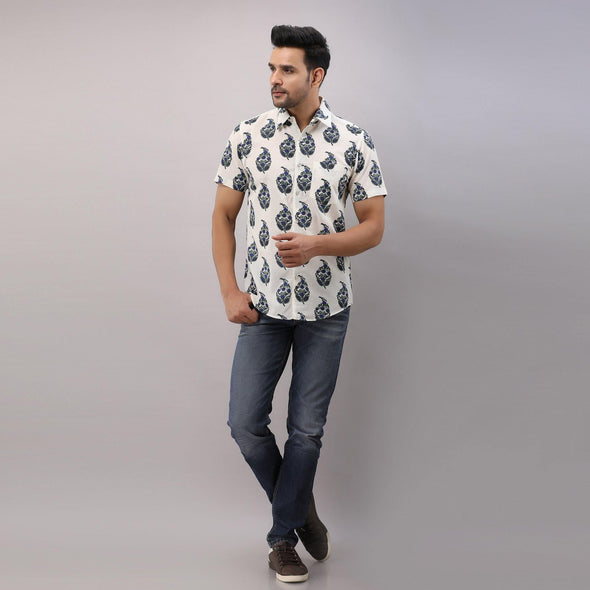 Cotton Block Print Casual Blue Regular Shirt For Men - Frionkandy