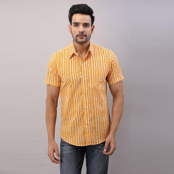 Cotton Striped Casual Yellow Regular Shirt For Men - Frionkandy