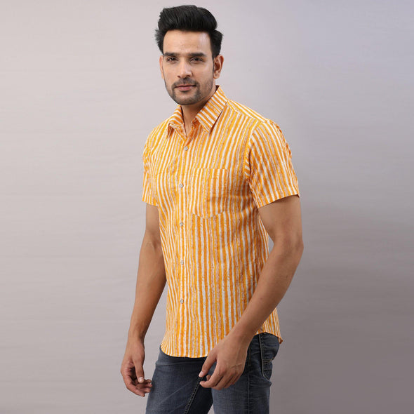 Cotton Striped Casual Yellow Regular Shirt For Men - Frionkandy