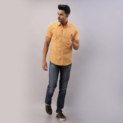 Cotton Striped Casual Yellow Regular Shirt For Men - Frionkandy