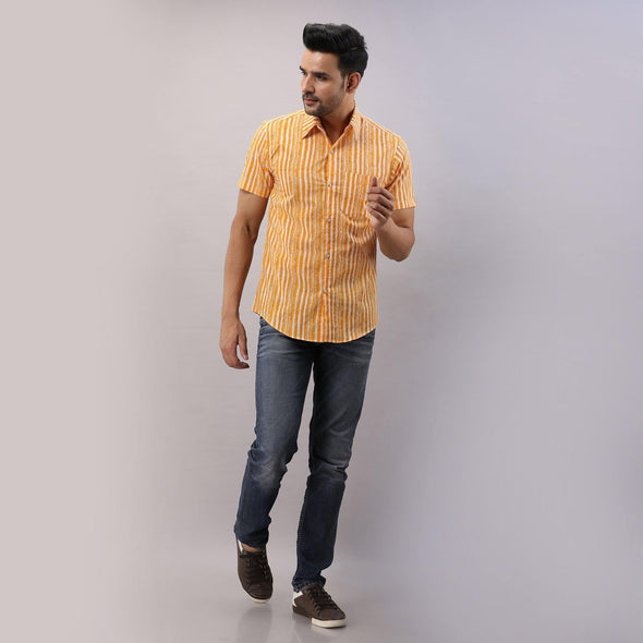 Cotton Striped Casual Yellow Regular Shirt For Men - Frionkandy