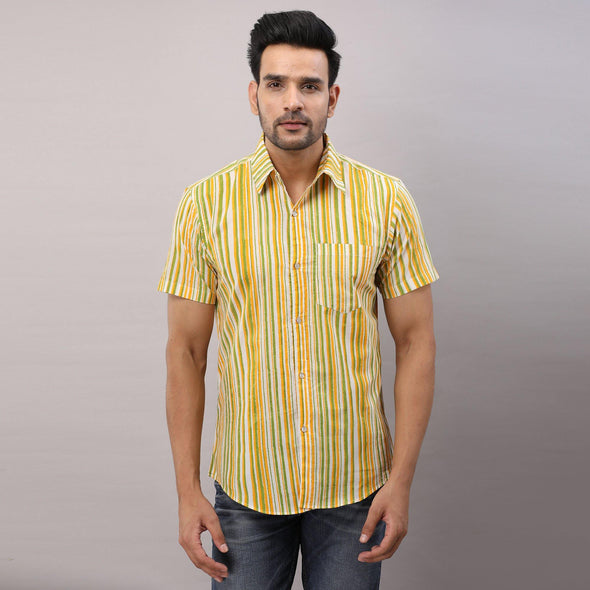 Cotton Striped Casual LightGreen Regular Shirt For Men - Frionkandy
