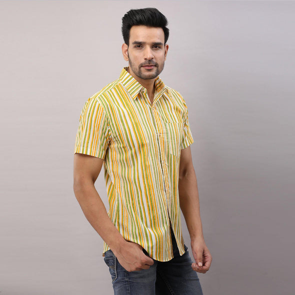 Cotton Striped Casual LightGreen Regular Shirt For Men - Frionkandy
