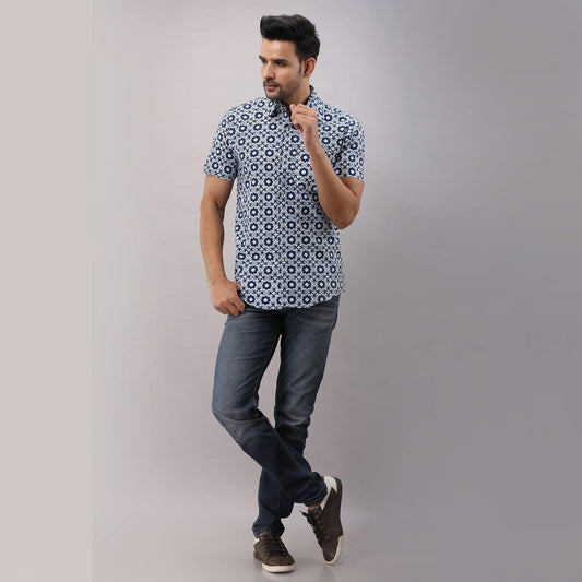 Cotton Printed Casual Blue Regular Shirt For Men - Frionkandy