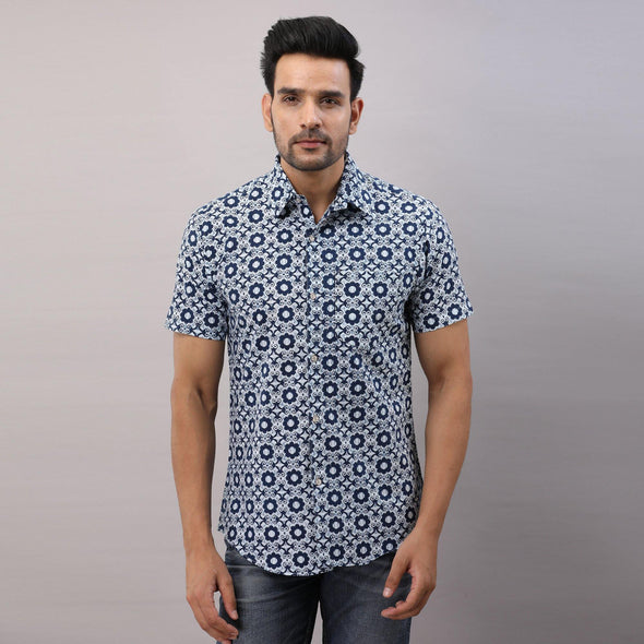 Cotton Printed Casual Blue Regular Shirt For Men - Frionkandy