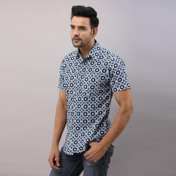 Cotton Printed Casual Blue Regular Shirt For Men - Frionkandy