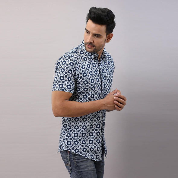 Cotton Printed Casual Blue Regular Shirt For Men - Frionkandy
