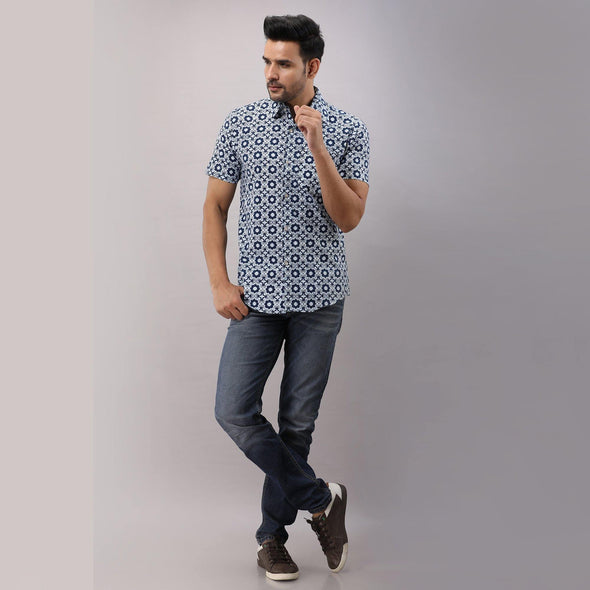 Cotton Printed Casual Blue Regular Shirt For Men - Frionkandy