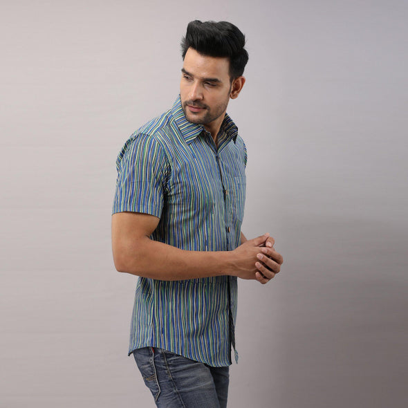 Cotton Striped Casual Blue Regular Shirt For Men - Frionkandy