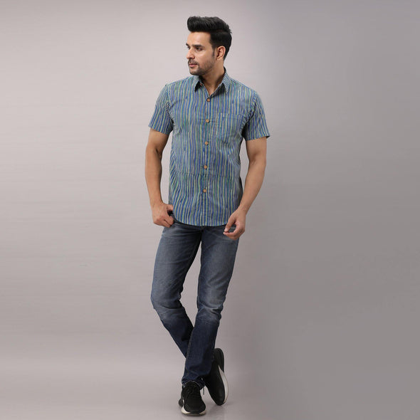 Cotton Striped Casual Blue Regular Shirt For Men - Frionkandy