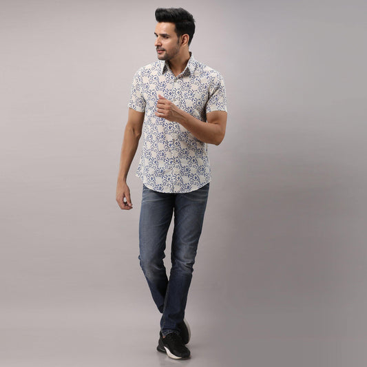 Cotton Printed Casual Blue Regular Shirt For Men - Frionkandy