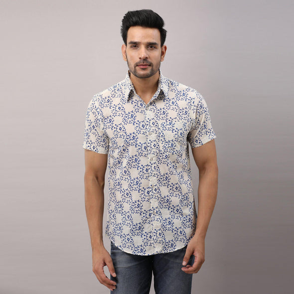 Cotton Printed Casual Blue Regular Shirt For Men - Frionkandy
