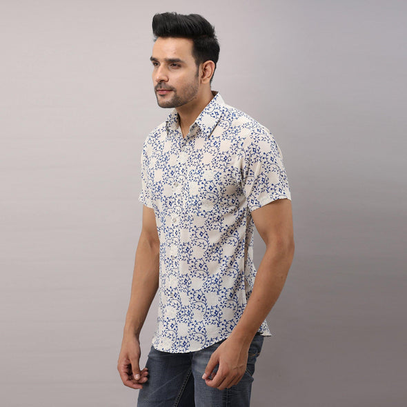 Cotton Printed Casual Blue Regular Shirt For Men - Frionkandy