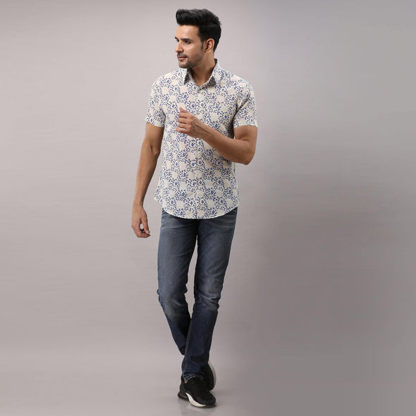 Cotton Printed Casual Blue Regular Shirt For Men - Frionkandy