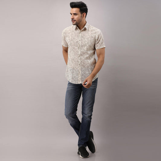Cotton Printed Casual Beige Regular Shirt For Men - Frionkandy