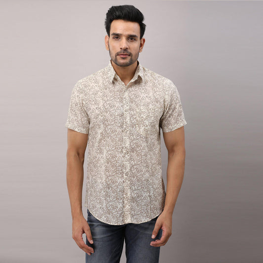 Cotton Printed Casual Beige Regular Shirt For Men - Frionkandy