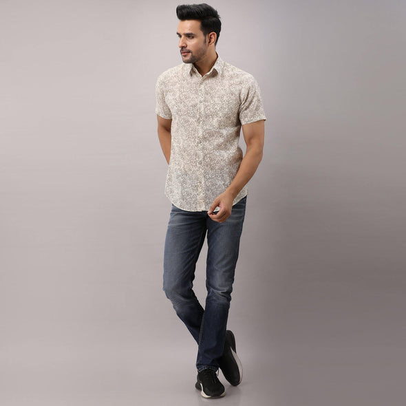 Cotton Printed Casual Beige Regular Shirt For Men - Frionkandy