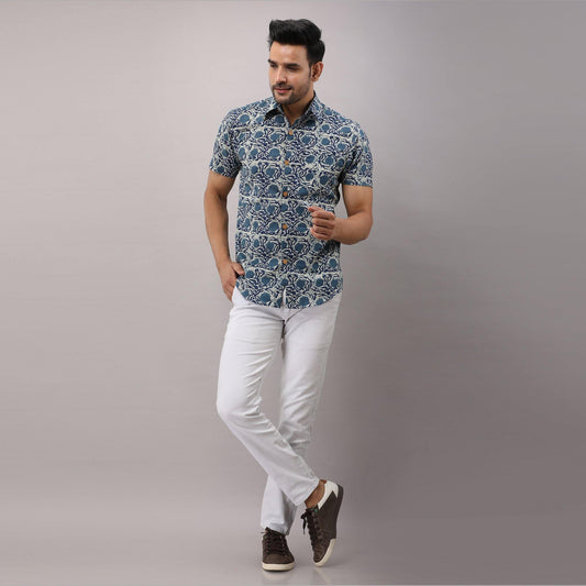 Cotton Floral Casual Blue Regular Shirt For Men - Frionkandy