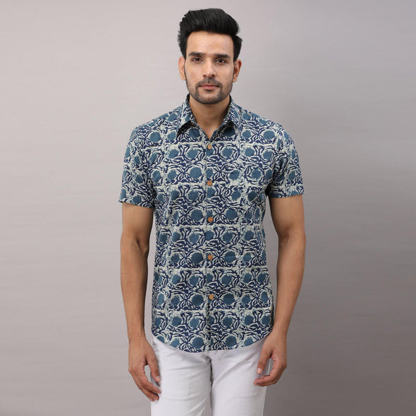 Cotton Floral Casual Blue Regular Shirt For Men - Frionkandy