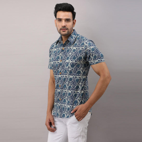 Cotton Floral Casual Blue Regular Shirt For Men - Frionkandy