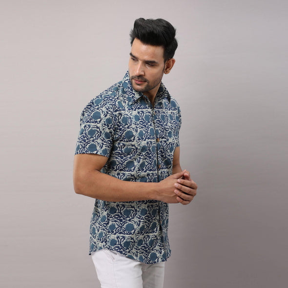 Cotton Floral Casual Blue Regular Shirt For Men - Frionkandy