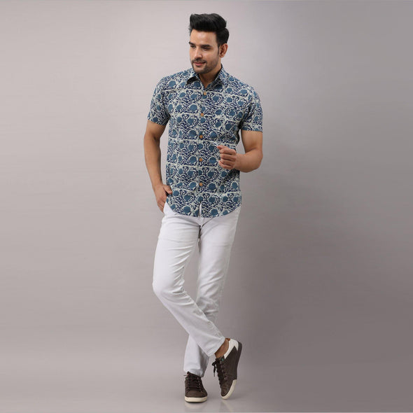 Cotton Floral Casual Blue Regular Shirt For Men - Frionkandy
