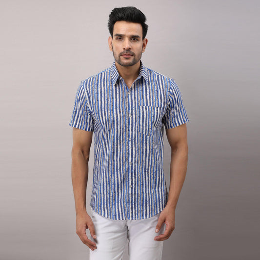 Cotton Striped Casual Light Blue Regular Shirt For Men - Frionkandy