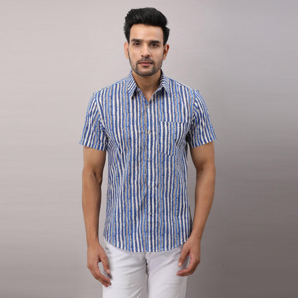 Cotton Striped Casual Light Blue Regular Shirt For Men - Frionkandy