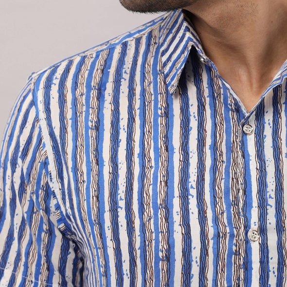 Cotton Striped Casual Light Blue Regular Shirt For Men - Frionkandy
