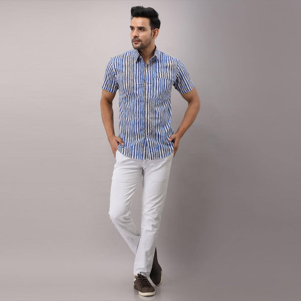 Cotton Striped Casual Light Blue Regular Shirt For Men - Frionkandy