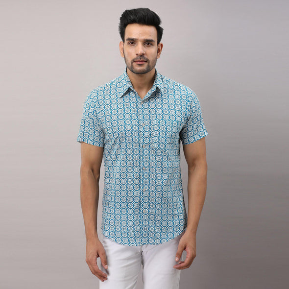 Cotton Printed Casual Light Blue Regular Shirt For Men - Frionkandy