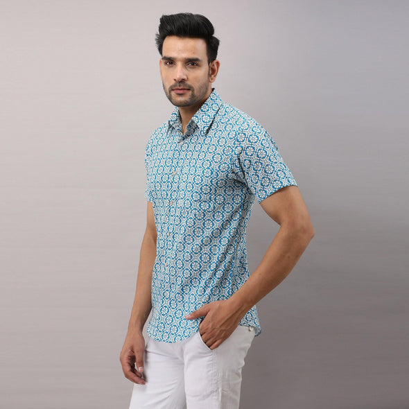 Cotton Printed Casual Light Blue Regular Shirt For Men - Frionkandy