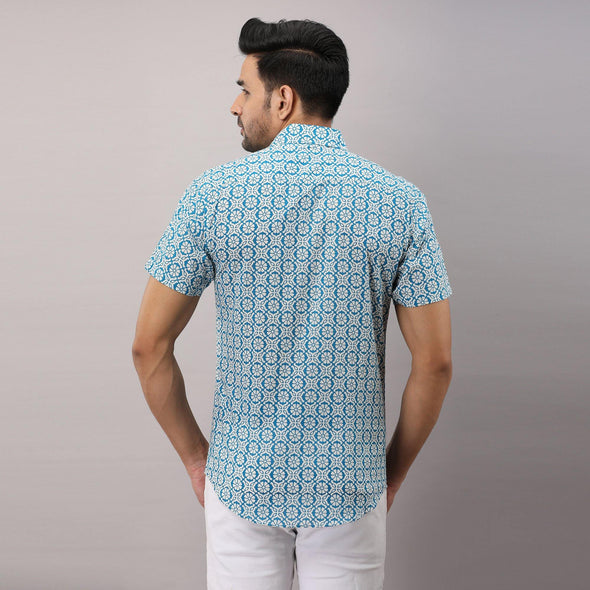 Cotton Printed Casual Light Blue Regular Shirt For Men - Frionkandy