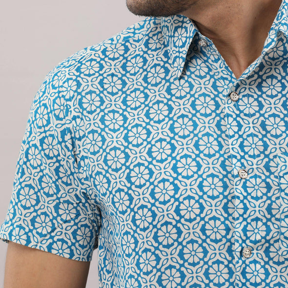Cotton Printed Casual Light Blue Regular Shirt For Men - Frionkandy