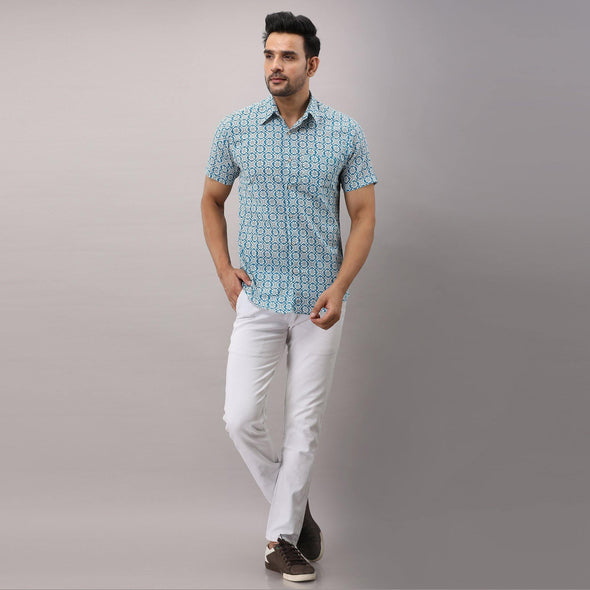 Cotton Printed Casual Light Blue Regular Shirt For Men - Frionkandy