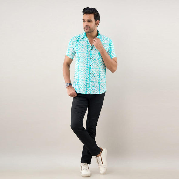 Men Aqua Blue Regular Fit Cotton Tie & Dye Casual Shirt