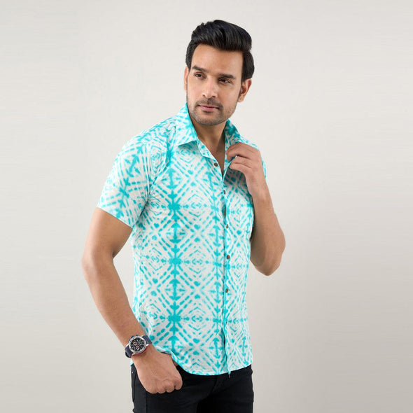 Men Aqua Blue Regular Fit Cotton Tie & Dye Casual Shirt