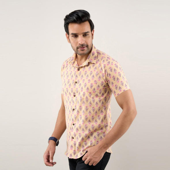 Men Brownish Peach Regular Fit Cotton Floral Casual Shirt