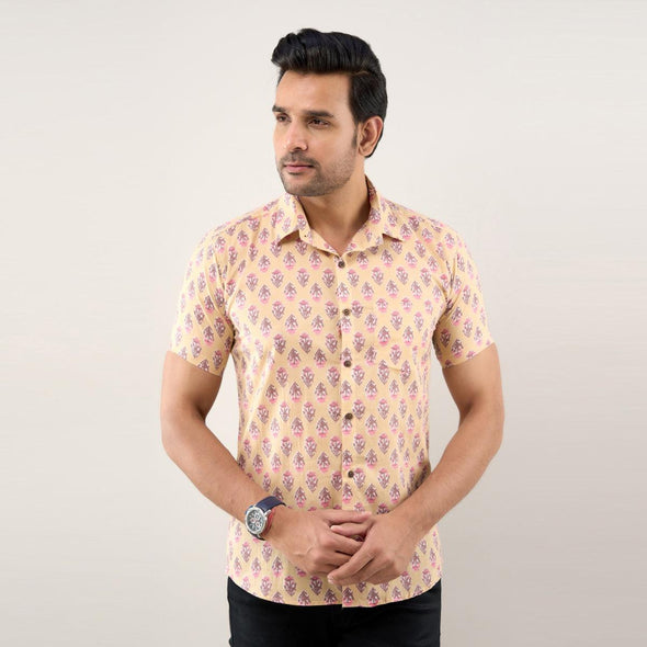 Men Brownish Peach Regular Fit Cotton Floral Casual Shirt