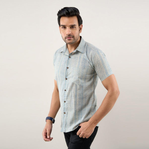 Men Greyish Blue Regular Fit Cotton Printed Casual Shirt