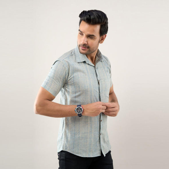 Men Greyish Blue Regular Fit Cotton Printed Casual Shirt