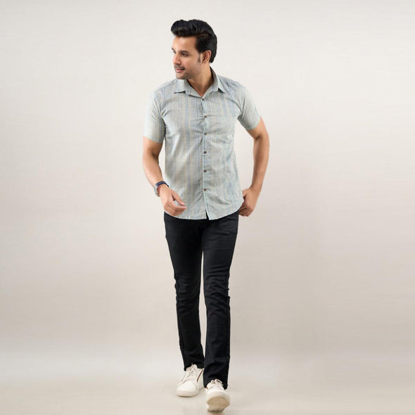 Men Greyish Blue Regular Fit Cotton Printed Casual Shirt