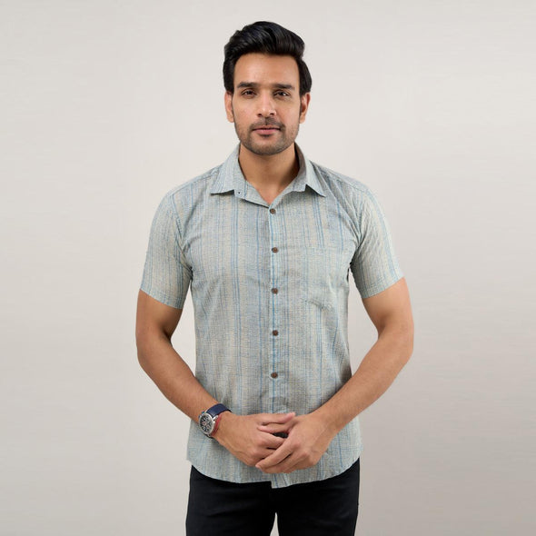 Men Greyish Blue Regular Fit Cotton Printed Casual Shirt