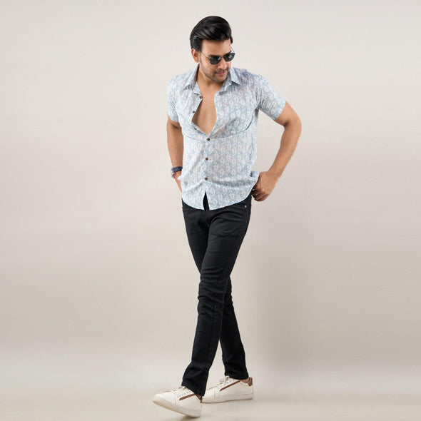 Men Greyish Blue Regular Fit Cotton Floral Casual Shirt
