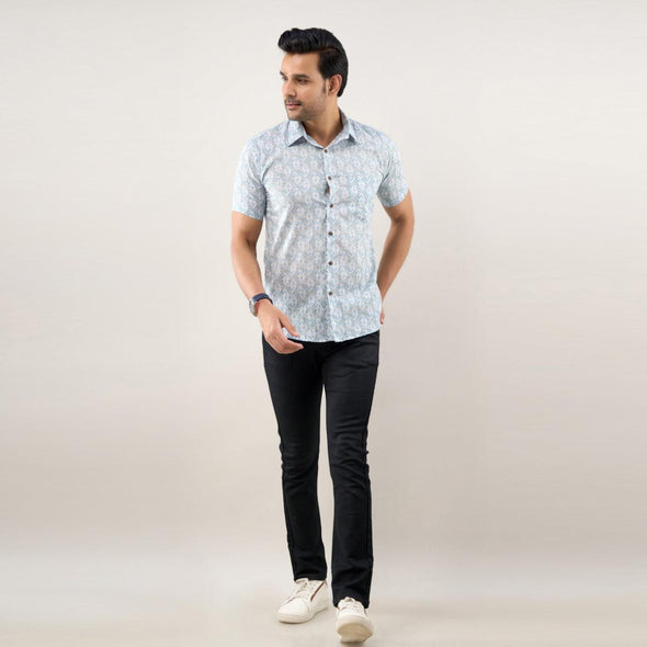 Men Greyish Blue Regular Fit Cotton Floral Casual Shirt