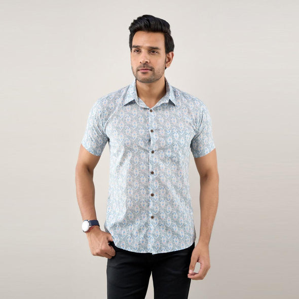 Men Greyish Blue Regular Fit Cotton Floral Casual Shirt