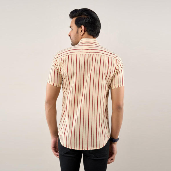 Men Cream Regular Fit Cotton Striped Casual Shirt - Frionkandy